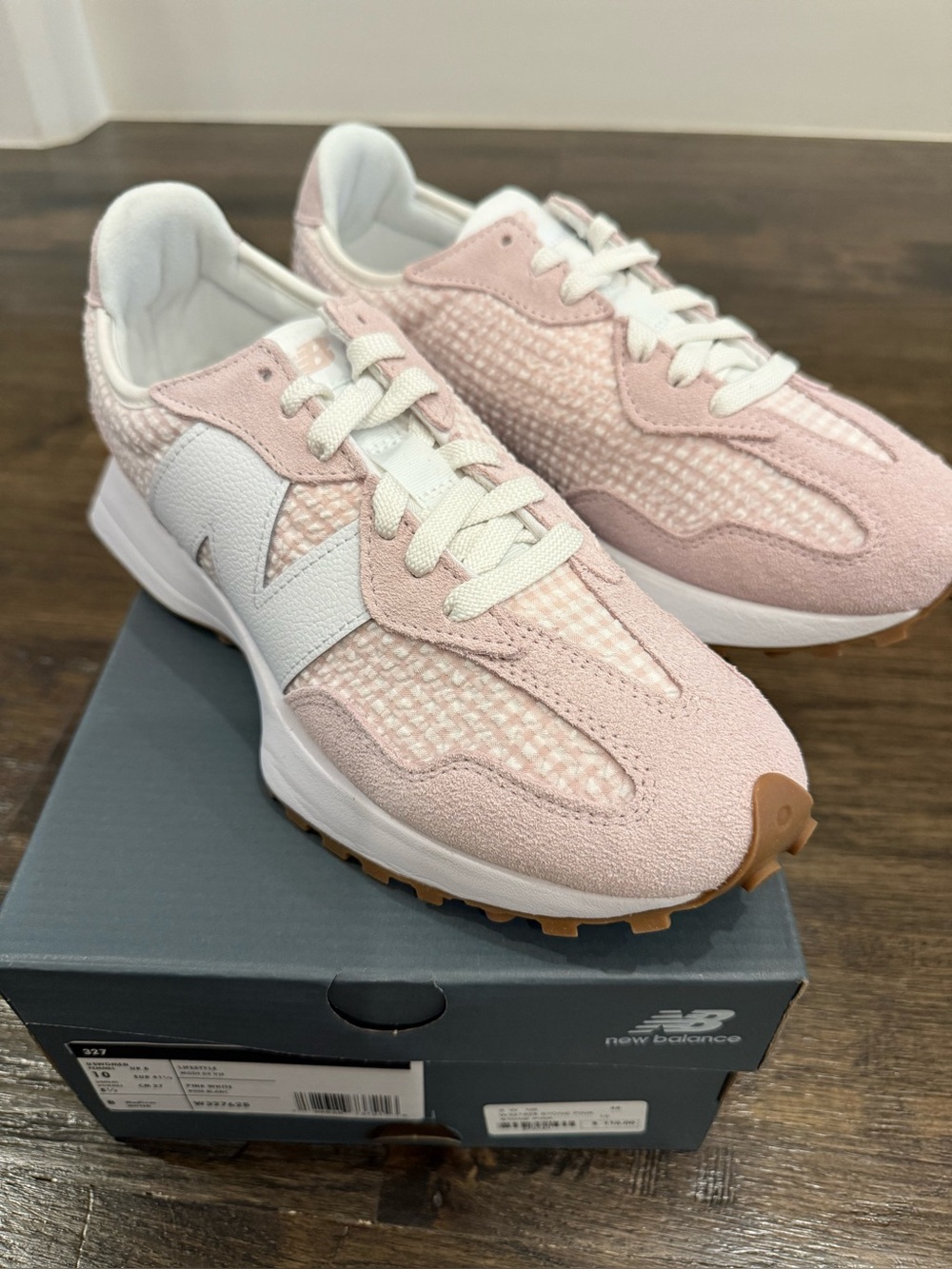 New Balance 327 Pink & White Gingham Women's Retro Runner Sneaker - Picture 5 of 16
